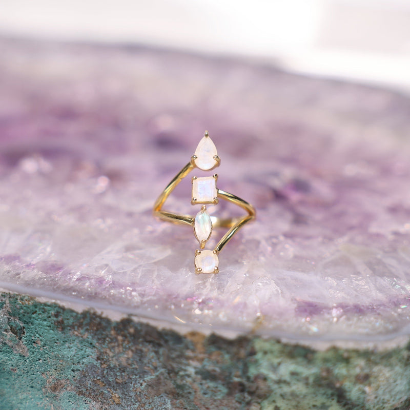 Adjustable Four Stone Rainbow Moonstone Crystal Ring - Beau Life